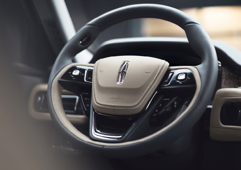 The intuitively placed controls of the steering wheel on a 2024 Lincoln Aviator® SUV | Northgate Lincoln in Port Huron MI