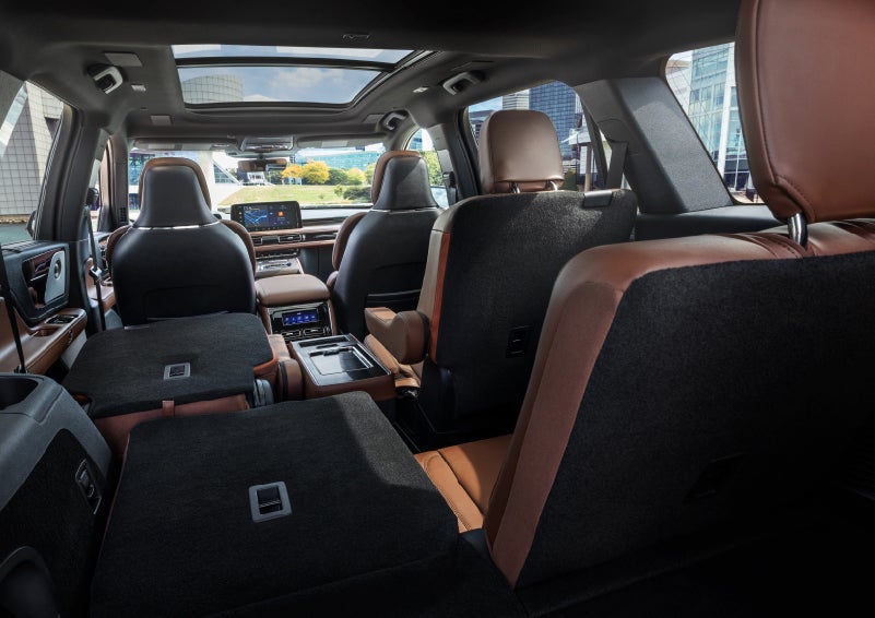 The interior of the 2025 Lincoln Aviator® SUV is shown with two seats folded down for added space. | Northgate Lincoln in Port Huron MI