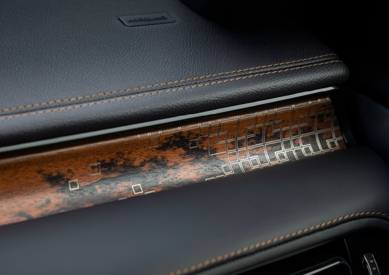 A close-up shot of the 2025 Lincoln Aviator® dashboard with unique black and brown accents, and brown stitching. | Northgate Lincoln in Port Huron MI