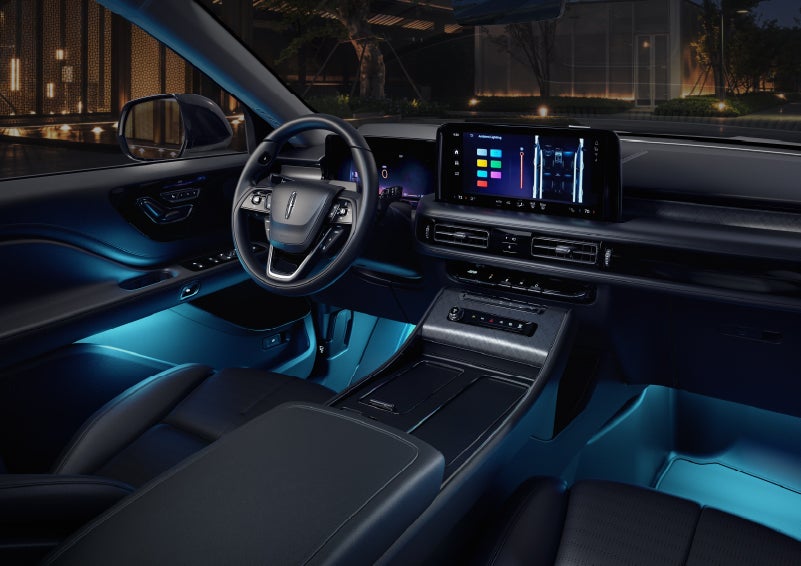 Deep blue ambient lighting glows from various places within a 2026 Lincoln Aviator® SUV. | Northgate Lincoln in Port Huron MI